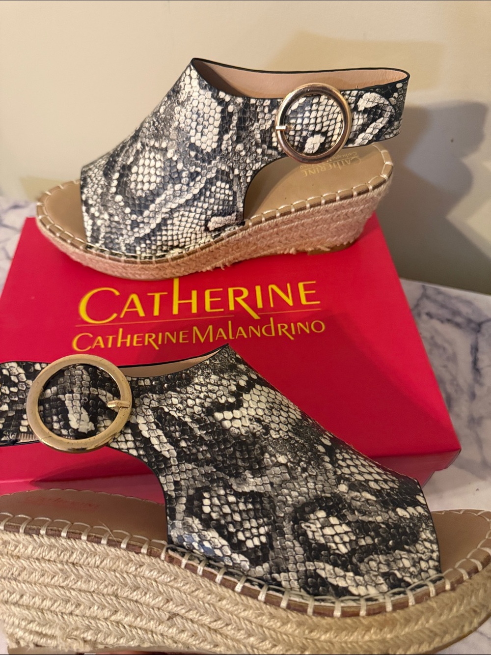 Catherines Snake-Print Espadrille Wedge Sandals - Black/Gray